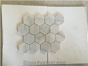 Bianco Carrara Marble Hexagon Mosaic Sheet, Cararra White Hexagon Mosaic, Polished Mosaic Tile Bathroom Wall