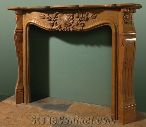 Brown Limestone Western Style Flower Handcarved Sculptured Modern Fireplace Mantel, Stone Fireplace Hearth
