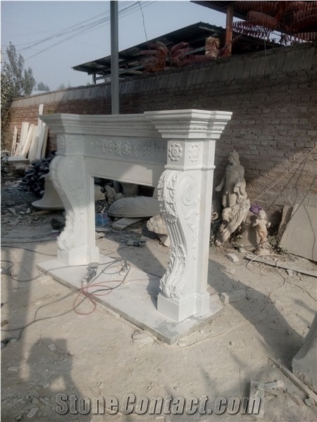 Oriental White Marble Fireplace Mantel, Western Style Handcarved Sculptured Modern Fireplace Mantel, Stone Fireplace Hearth