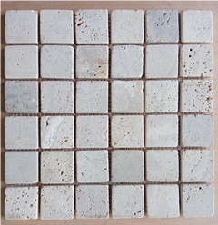 New Design Beige Tumbled Travertine Cubic Mosaic Tile