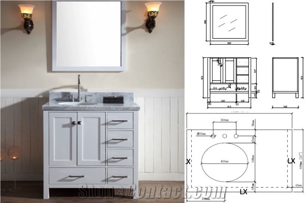 Hh-C0136l 36x22x35 White Bathroom Cabinet, Italian White Carrara Marble Top, Pre-Installed Ceramice Sink