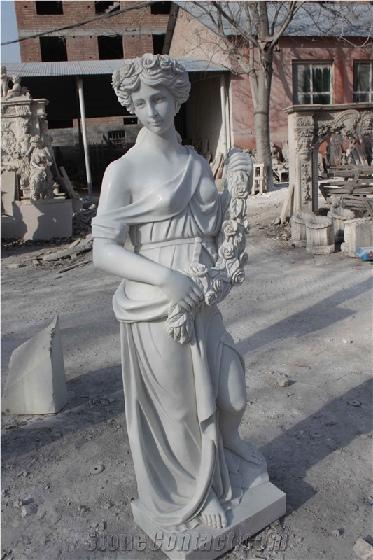 Pure White Marble Polishing Sculpture Of Western Girl Flower Goddess
