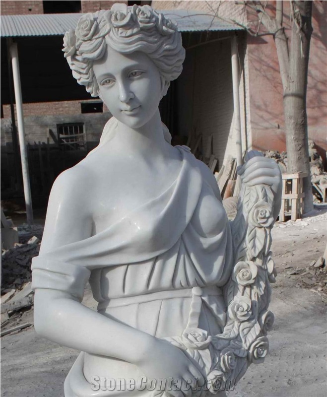 Pure White Marble Polishing Sculpture Of Western Girl Flower Goddess