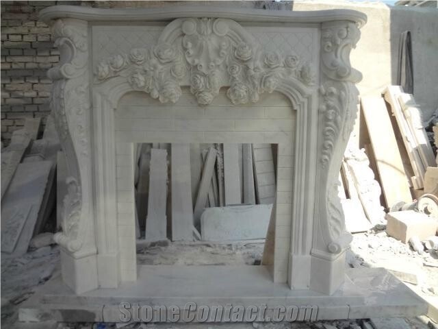 White Marble Carving Fireplace Mantel Surround Full Set with Hearth and Backpanel Low Price