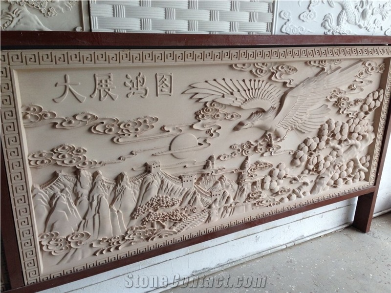 Asian Style Handcarved Yellow Sandstone Relief/ Walling Reliefs /Engravings