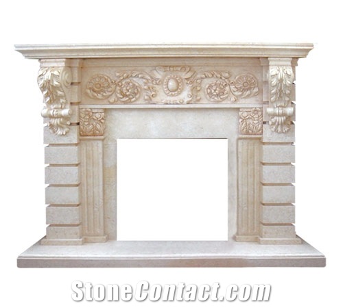 Beige Limestone Fireplace Mantal / Interior Stone Fireplace Hearth