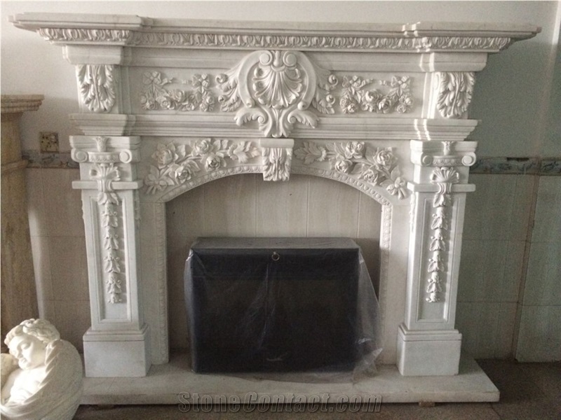 White Marble Handcarved Fireplace Hearth /Western Style Fireplace Mantel