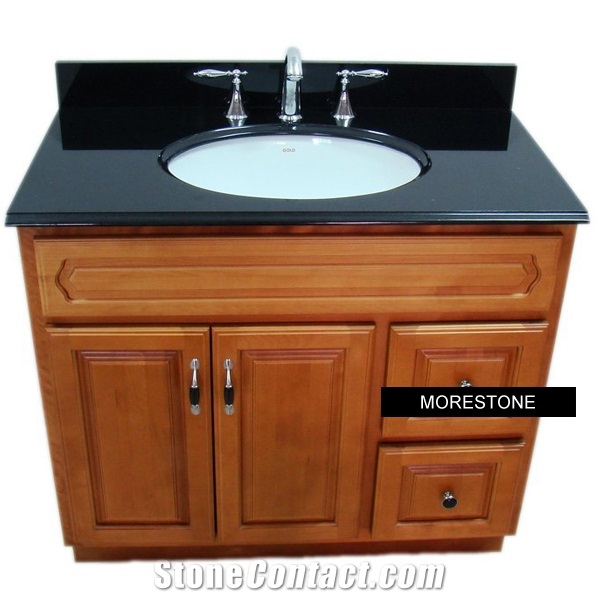 Absolute Black Granite Vanity Top Onto Bathroom Wood Cabinet