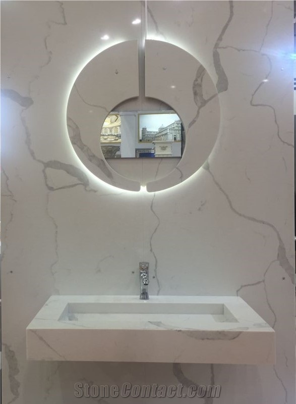 Calacata Quartz Stone Polished Countertops, White Quartz Stone Bathroom Vanity Tops