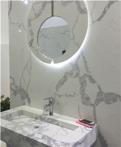 Calacata Quartz Stone Polished Countertops, White Quartz Stone Bathroom Vanity Tops