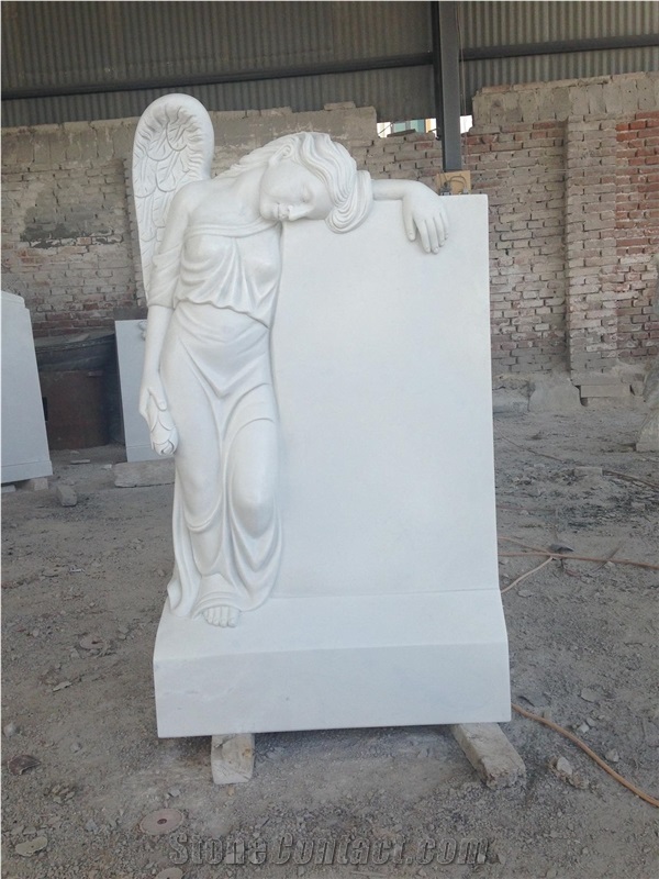 Western Style Hand Carved White Marble Angel Monument & Tombstone