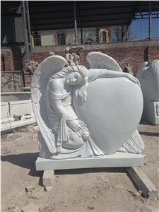Western Style Hand Carved White Marble Angel with Heart Monument & Tombstone