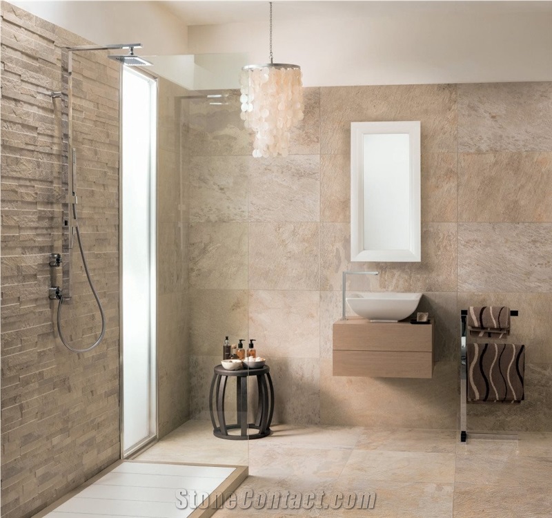 Ardesie Shore Mirage Bathroom Wall and Flooring, Beige Stone Bath Design