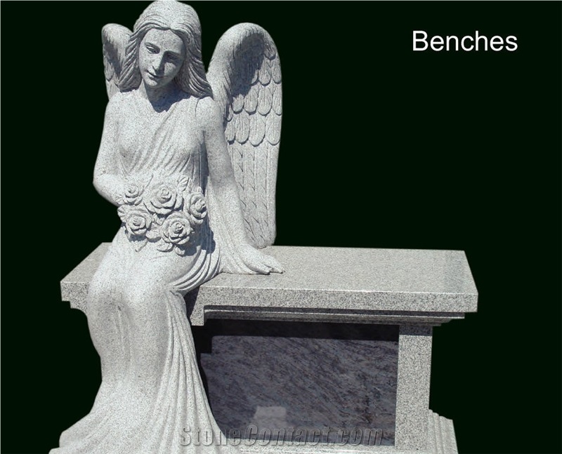 Cremation Bench - Grc Gray Granite Nand Carved Seated Angel with Coral Blue Granite Niche Door