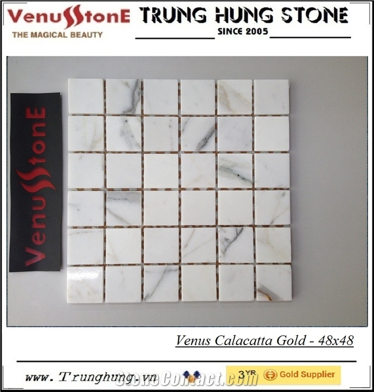 23*48 Calacatta Gold Polished Marble Mosaic Tiles, White Marble Floor Mosaic Italy