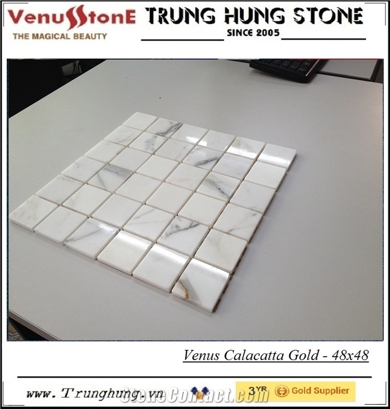 48*48 Calacatta Gold Polished Marble Mosaic Tiles, White Marble Floor Mosaic, Wall Mosaic