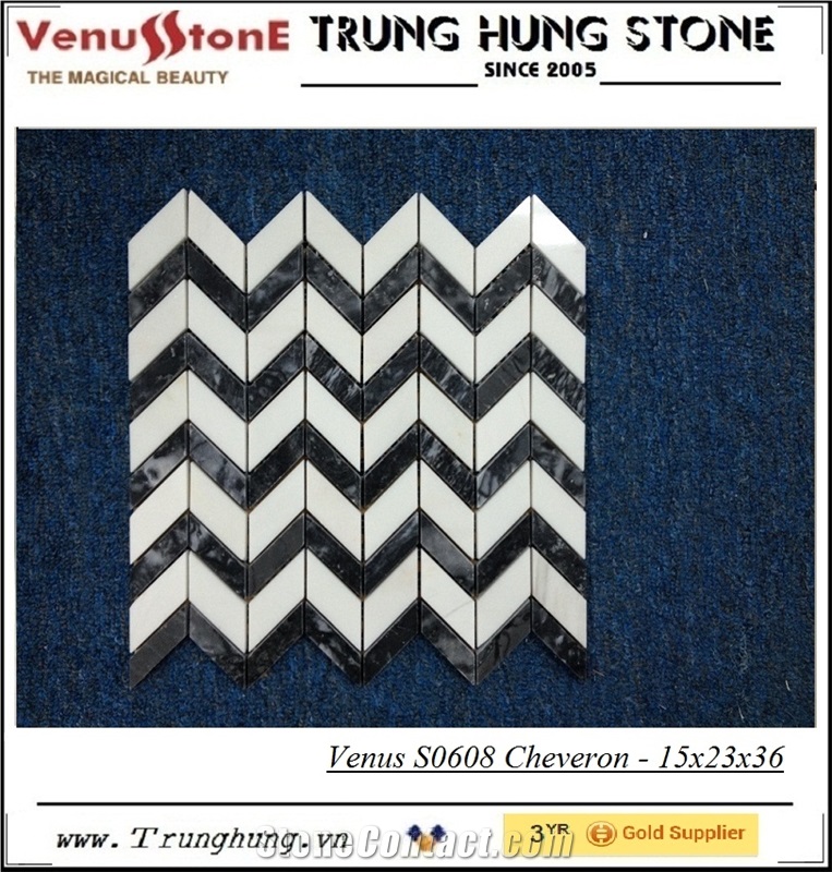 Black and White Cheveron Polished Marble Mosaic Tiles, Vietnam Eddy Black & Milk White Marble Mosaic