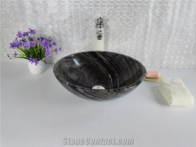 Black Wooden Vein Marble Sinks & Basins, Black Wooden Marble Round Basins,Black Marble Bathroom Sinks,Vessel Sinks,China Black Marble Sinks & Basins