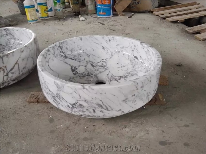 Polished Arabescato Corchia Marble Sinks & Basins, Arabescato White Round Basins, Italy White Marble Bathroom Sinks, White Marble Wash Basins