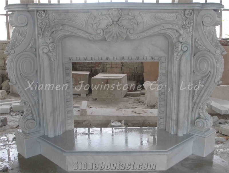Polished Marble Fireplace, British/French Style Fireplace with White Marble