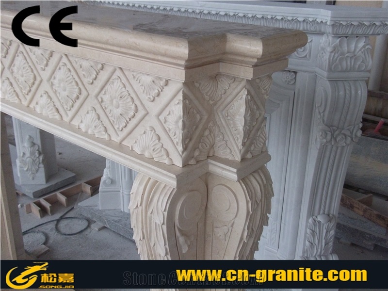 Flower Fireplace,China Beige Marble Carved Fireplace,Fireplace Mantel,Indoor Used Fireplace Mantel