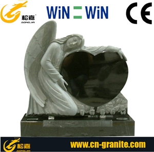 Single Angel Heart Tombstone, Black Granite Monument & Tombstone