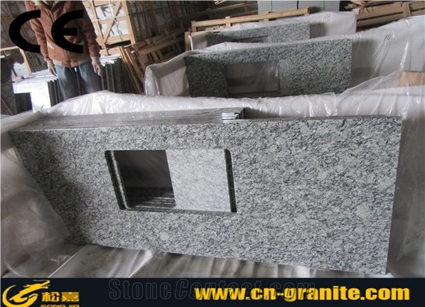 Spray White Granite Kitchen Countertops,China Polished Seawave White Granite Kitchen Worktops with Sink Hole,Granite Stone for Kitchen Countertop