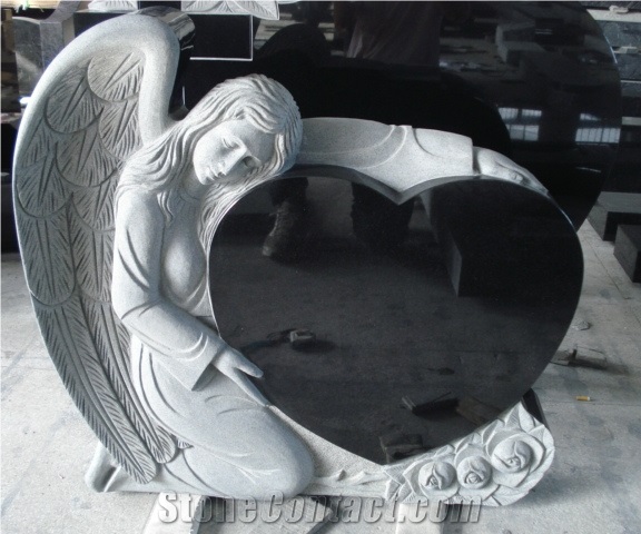 Angle with Heart Tombstone, Shanxi Black Granite Engraved Headstones