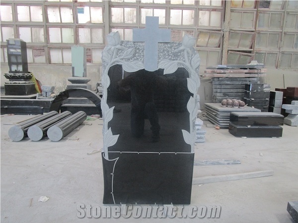 Custom Design Black Granite Engraved Cross Tombstone
