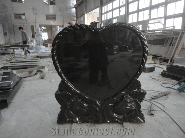 Eu Style Black Granite Single Heart with Rose Design Monument