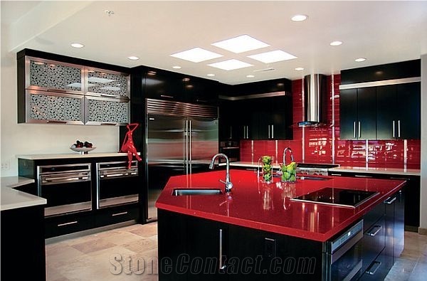 Bestone Red Color Engineered Stone Kitchen Countertops for Multifamily/Hospitality Projects Like Kitchen Worktops,Bathroom Vanity Tops