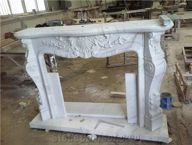 Pure White Marble Fireplace,Flowers Carving Fireplace Mantel