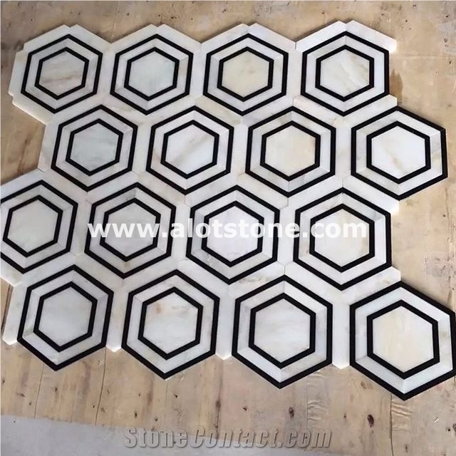 Victorian Hex Han White Marble and Black Edges Mosaic Tile