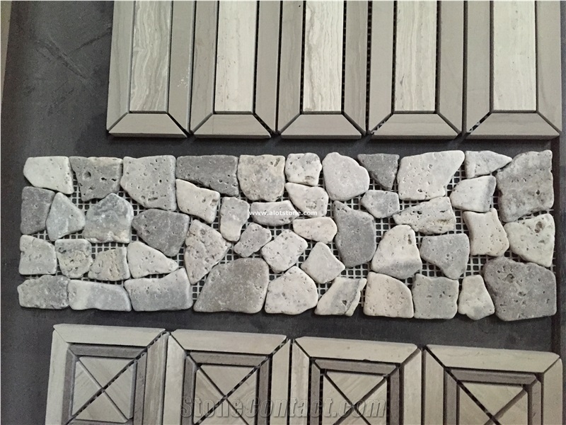 Wood Grey Marble Chipped Mosaic Border
