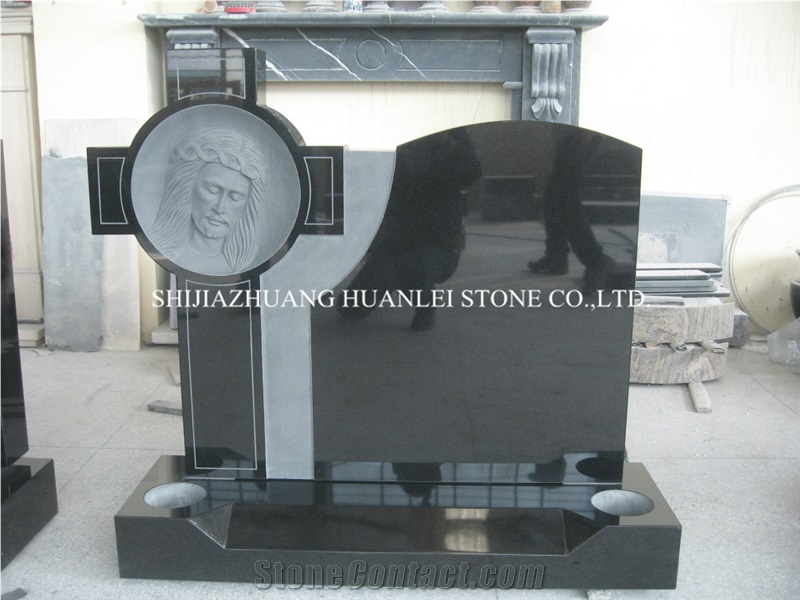 China Nero Assoluto Granite Cross Tombstone Design, Shanxi Black Granite Monument Grade A, Memorial, Western Style Headstone, Gravestone, Cemetery Tombstone