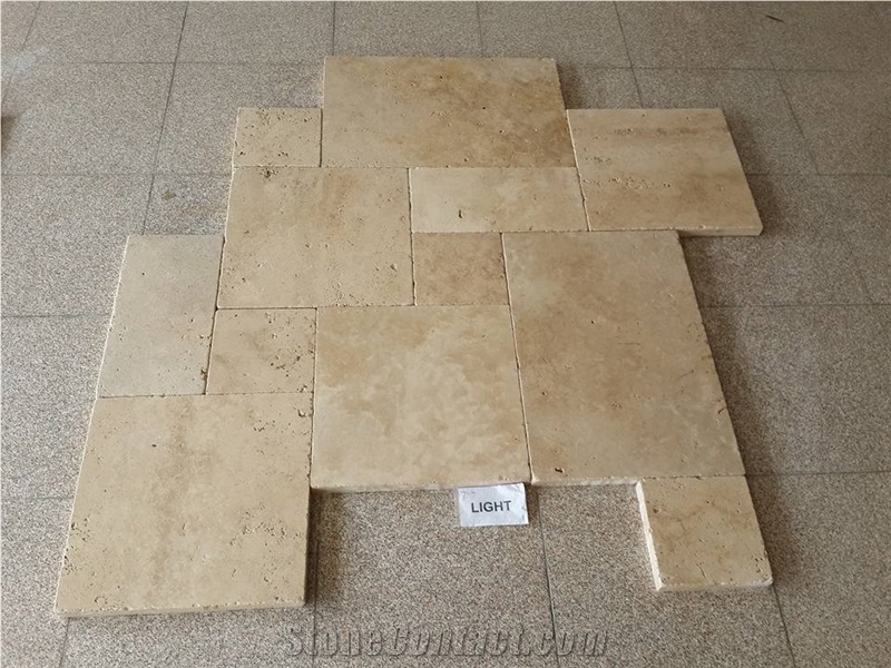 Tumbled Light Beige Travertine Tiles Pattern, Stone Flooring Turkey