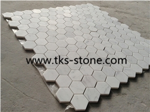 2" Hexagon Carrara Extra White Marble Polished Mosaic, Mugla White Marble Mosaic Italy Carrara White Marble Mosaic with Different Shapes, Bianco Carrara White Marble Wall & Floor Mosaics