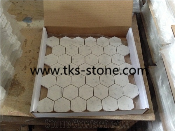 2" Hexagon Carrara Extra White Marble Polished Mosaic, Mugla White Marble Mosaic Italy Carrara White Marble Mosaic with Different Shapes, Bianco Carrara White Marble Wall & Floor Mosaics