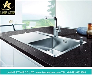 Pure Black Quartz Kitchen Countertop, Engineered Stone Kitchen Countertop,Quartz Kitchen Countertops