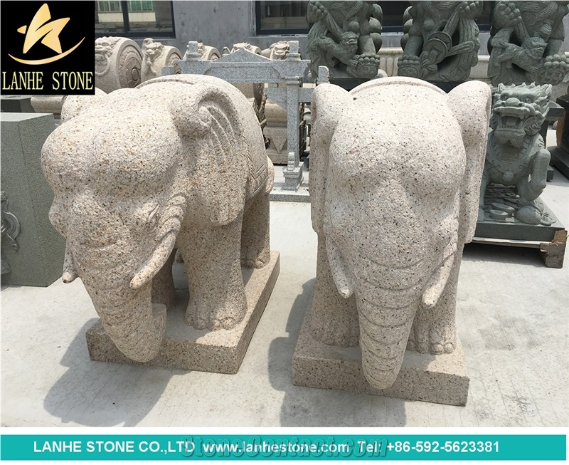 Yellow Granite Landscape Cute Animal Sculpture, Natural Stone Handcarved Garden Decoration Statues，Elephant Statues