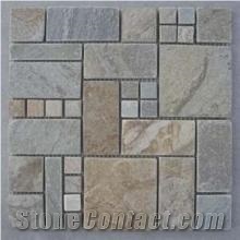 Fargo Multicolor Slate Mosaic, Yellow Slate 1120 Split Face Mosaic, Slate Mosaic Pattern, Interior/Exterior Floor Mosaic
