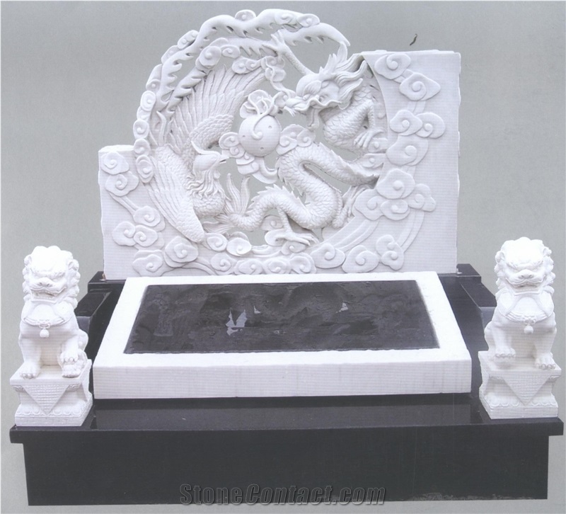 Asian Style White Marble Handcarved Tombstone Design