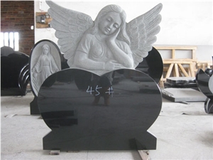 Shanxi Black Granite Angel Shaped Heart Sculptured Tombstone / China Absolute Black Western Style Mounment