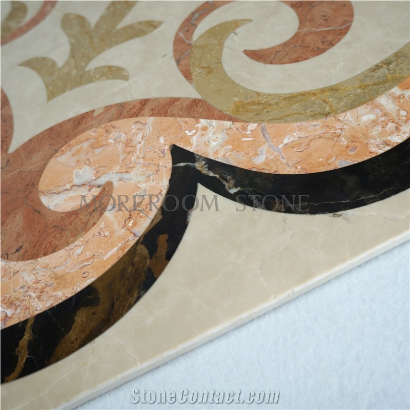 Laminated Water-Jet Floor Medallion with Red Alicante Marble Tea Rose Marble