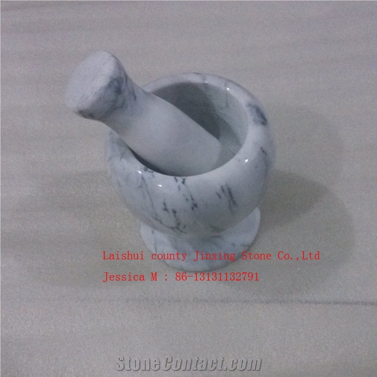 White with Grey Veins Round Marble Mortar and Pestle /Popular Polished White Marble Mortar and Pestle Marble Kitchenware Stone Cooking Tool