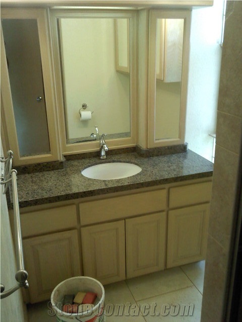 2 cm Tropic Brown Granite Guest Vanity with Mitered Edge and Back Splash Wrapping Around Mirror Cabinets