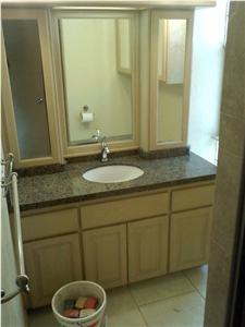 2 cm Tropic Brown Granite Guest Vanity with Mitered Edge and Back Splash Wrapping Around Mirror Cabinets