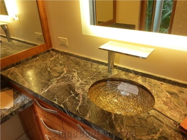 Very Textured Verde Rainforest Marble Bathroom Top