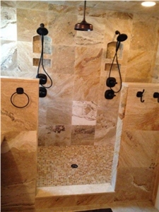 Master Shower Tuscan Walnut Travertine, Stone Age Fabricated the Wood, Beige Travertine Flooring Tiles
