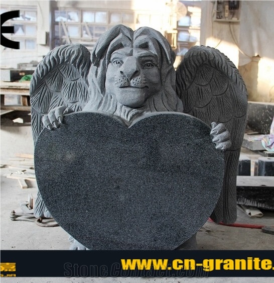 China Dark Grey G654 Polished Heart and Lion with Carving Tombstones & Monuments, Single Monument Design